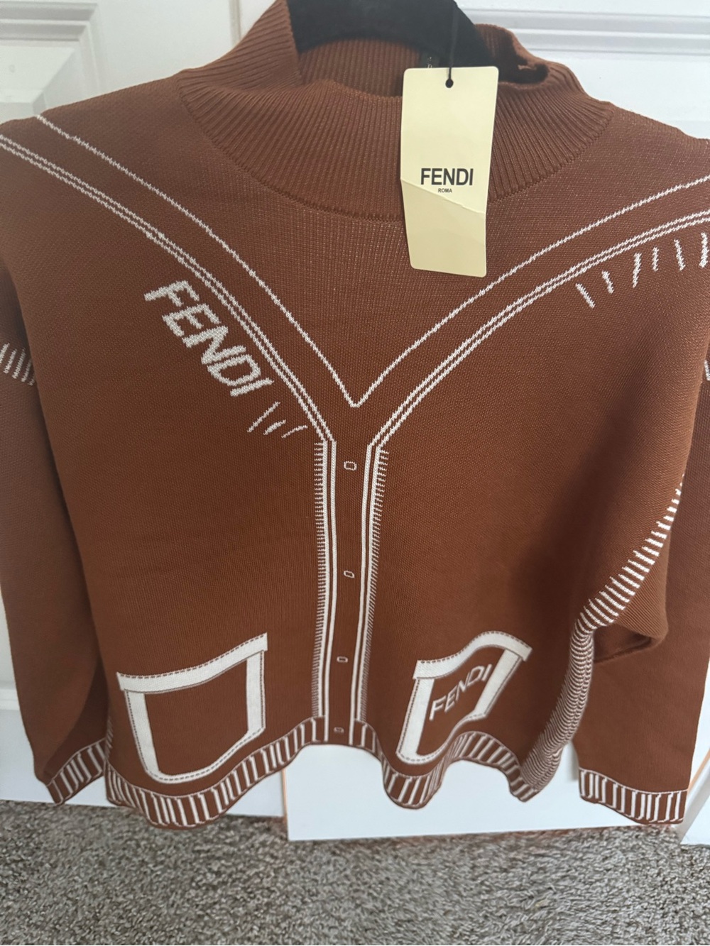 Fendi Brown Sweater with White Graphic Trim